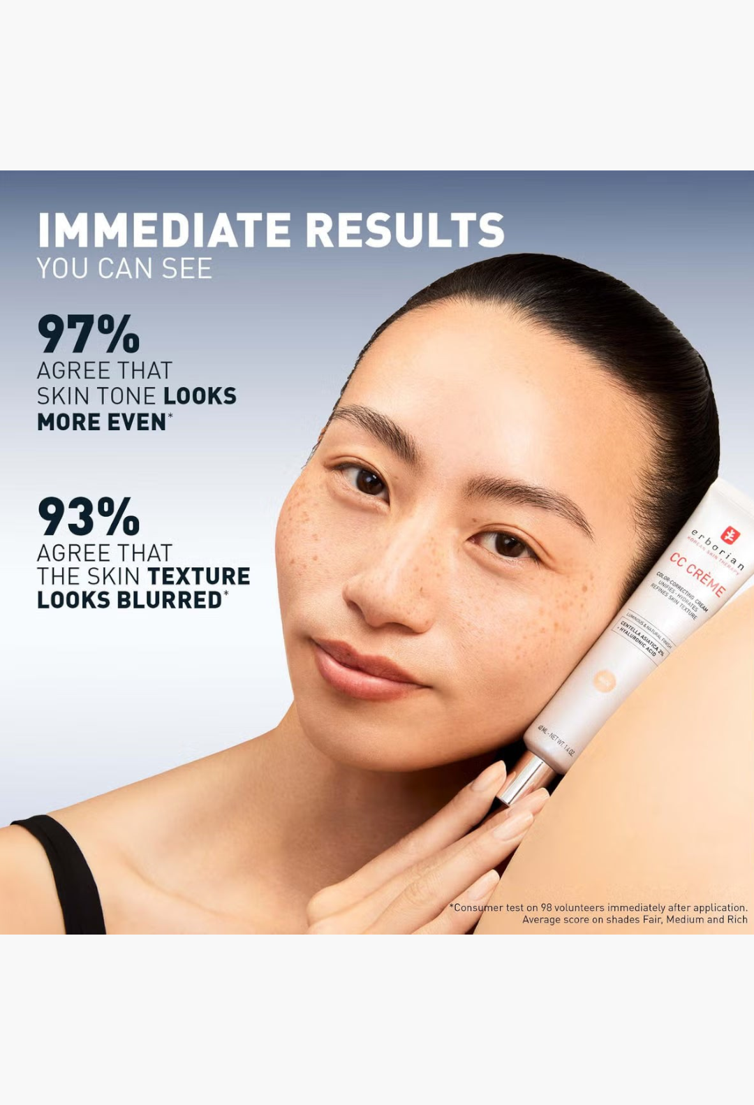 GLAM MODA Erborian CC Cream in Porcelain held by a model with glowing skin, featuring text about skin tone results.