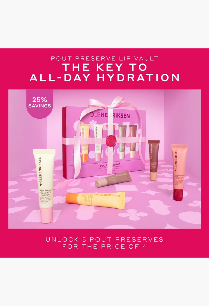 GLAM MODA Ole Henriksen Pout Preserve Lip Vault 2.0 featuring five peptide lip treatment tubes in a gift box set.