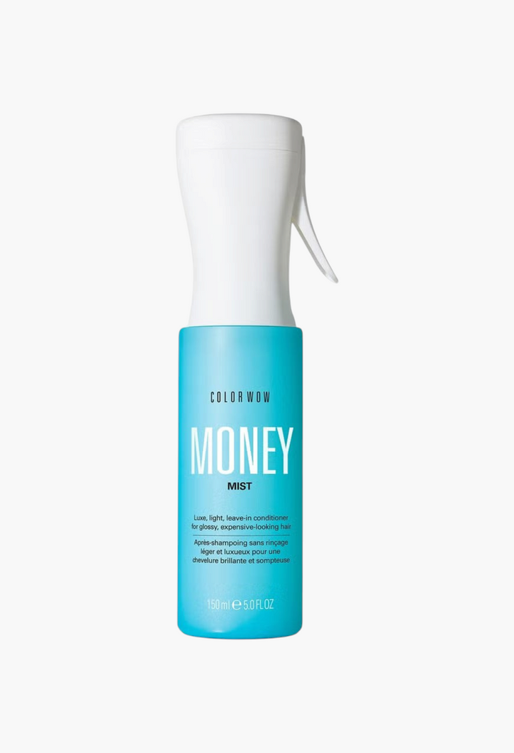 GLAM MODA Color Wow Money Mist leave-in conditioning spray in a bright blue bottle with a white trigger sprayer