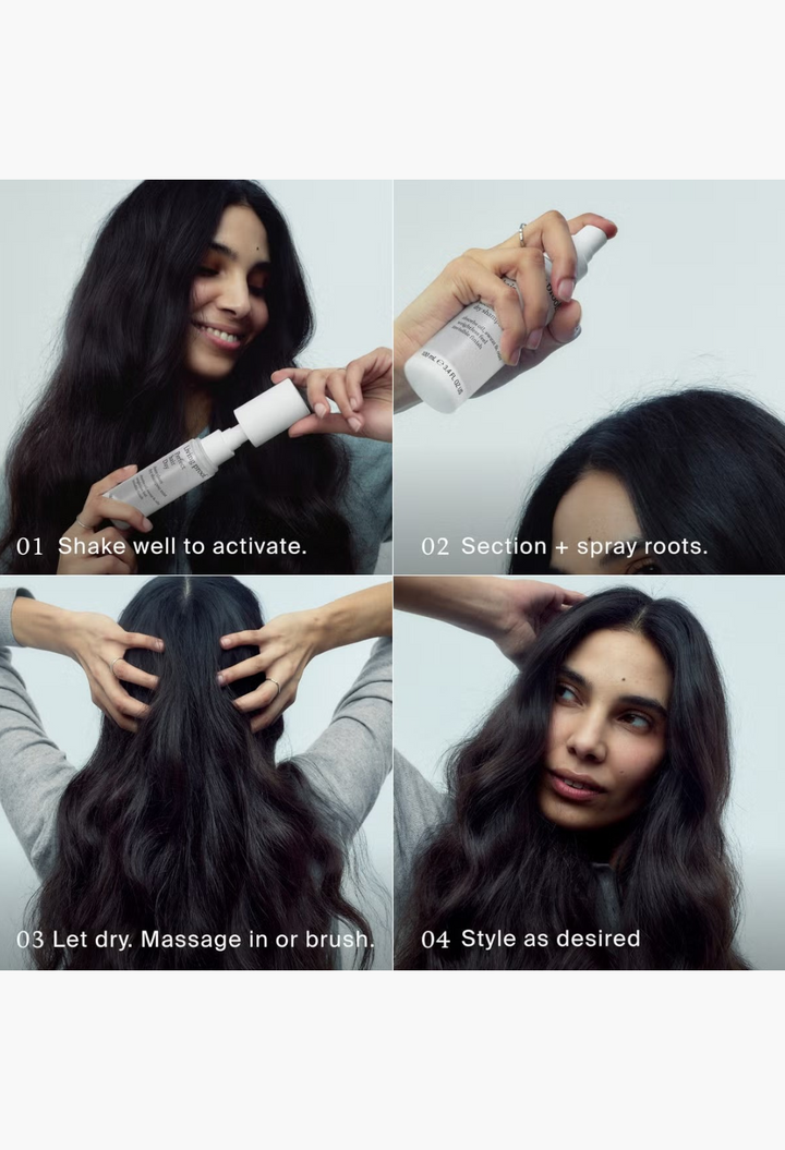 GLAM MODA Living Proof Perfect Hair Day Sheer Clean Dry Shampoo Mist application steps on a woman with dark wavy hair