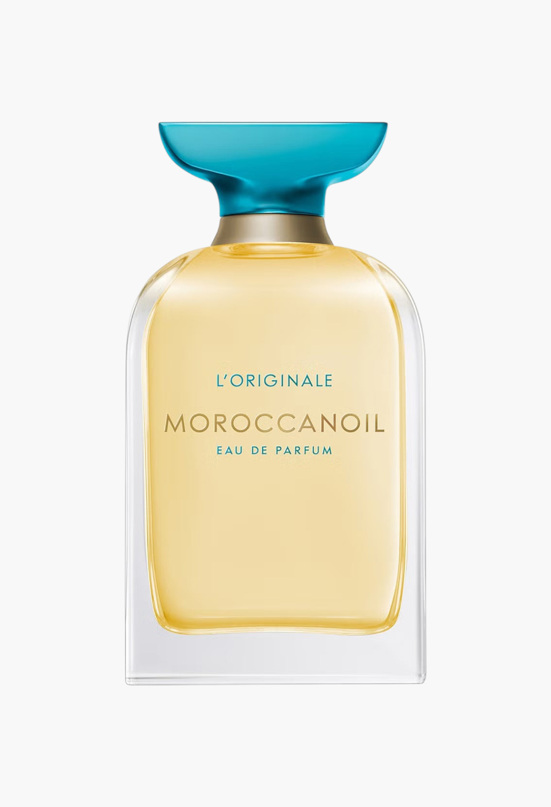 GLAM MODA Moroccanoil L'Originale Eau de Parfum in a clear glass bottle with a signature turquoise cap.