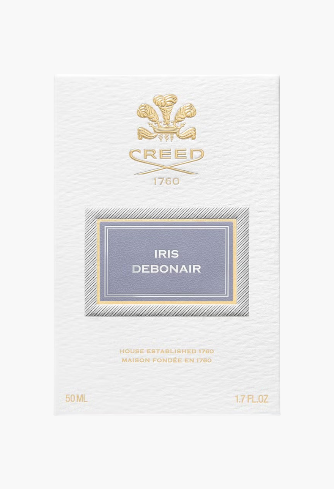 GLAM MODA Creed Iris Debonair Eau De Parfum fragrance box with white textured paper and elegant gold branding
