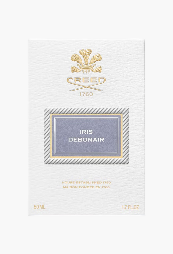 GLAM MODA Creed Iris Debonair Eau De Parfum fragrance box with white textured paper and elegant gold branding