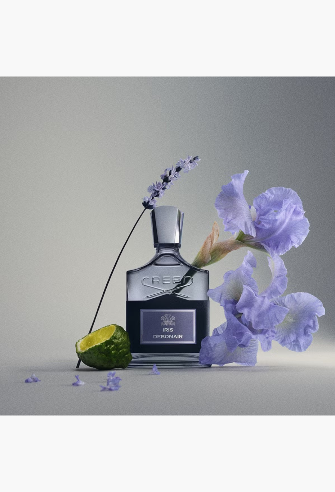 GLAM MODA Creed Iris Debonair Eau De Parfum bottle surrounded by fresh lavender, bergamot, and purple iris flowers.