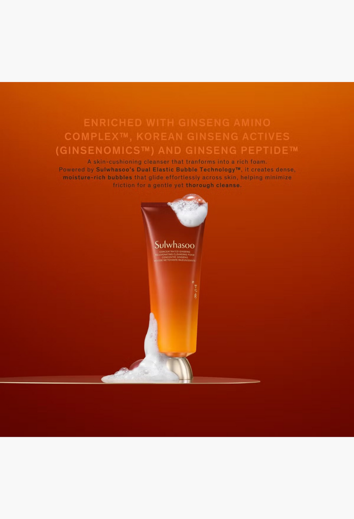 GLAM MODA Sulwhasoo Concentrated Ginseng Rejuvenating Foaming Cleanser tube with rich lather on a warm orange background