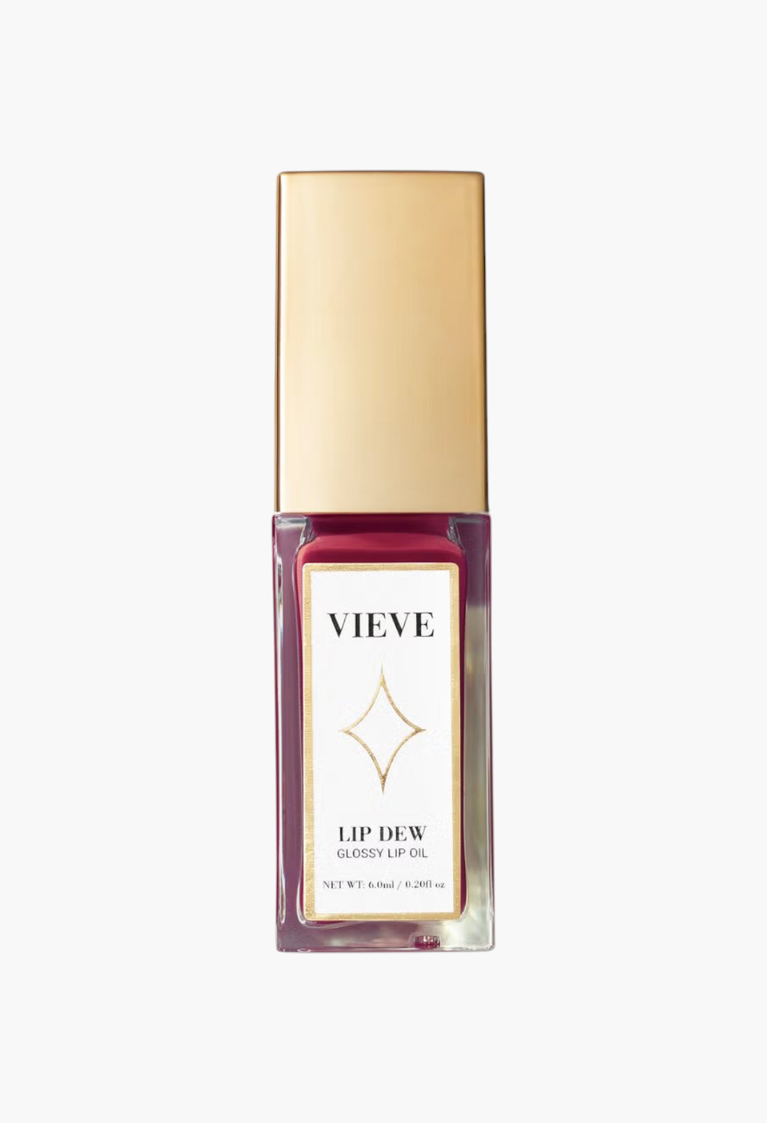 GLAM MODA VIEVE Lip Dew glossy lip oil in a clear rectangular bottle with a gold cap and deep berry-toned formula.