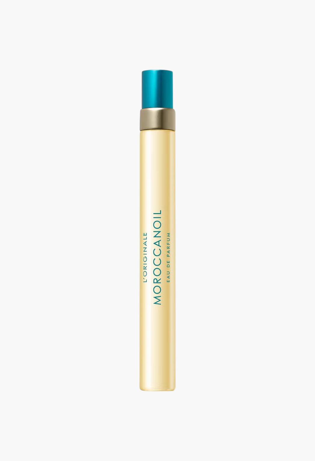 GLAM MODA Moroccanoil L'Originale Eau de Parfum travel-sized spray bottle with a signature teal cap.