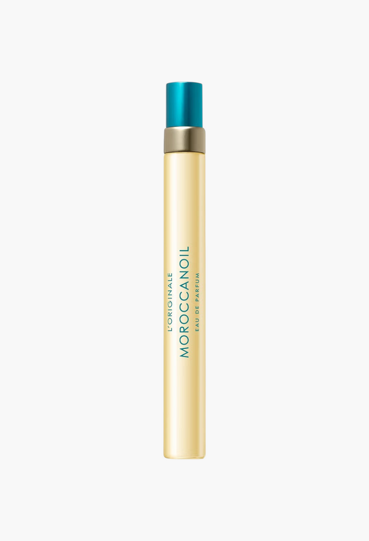 GLAM MODA Moroccanoil L'Originale Eau de Parfum travel-sized spray bottle with a signature teal cap.