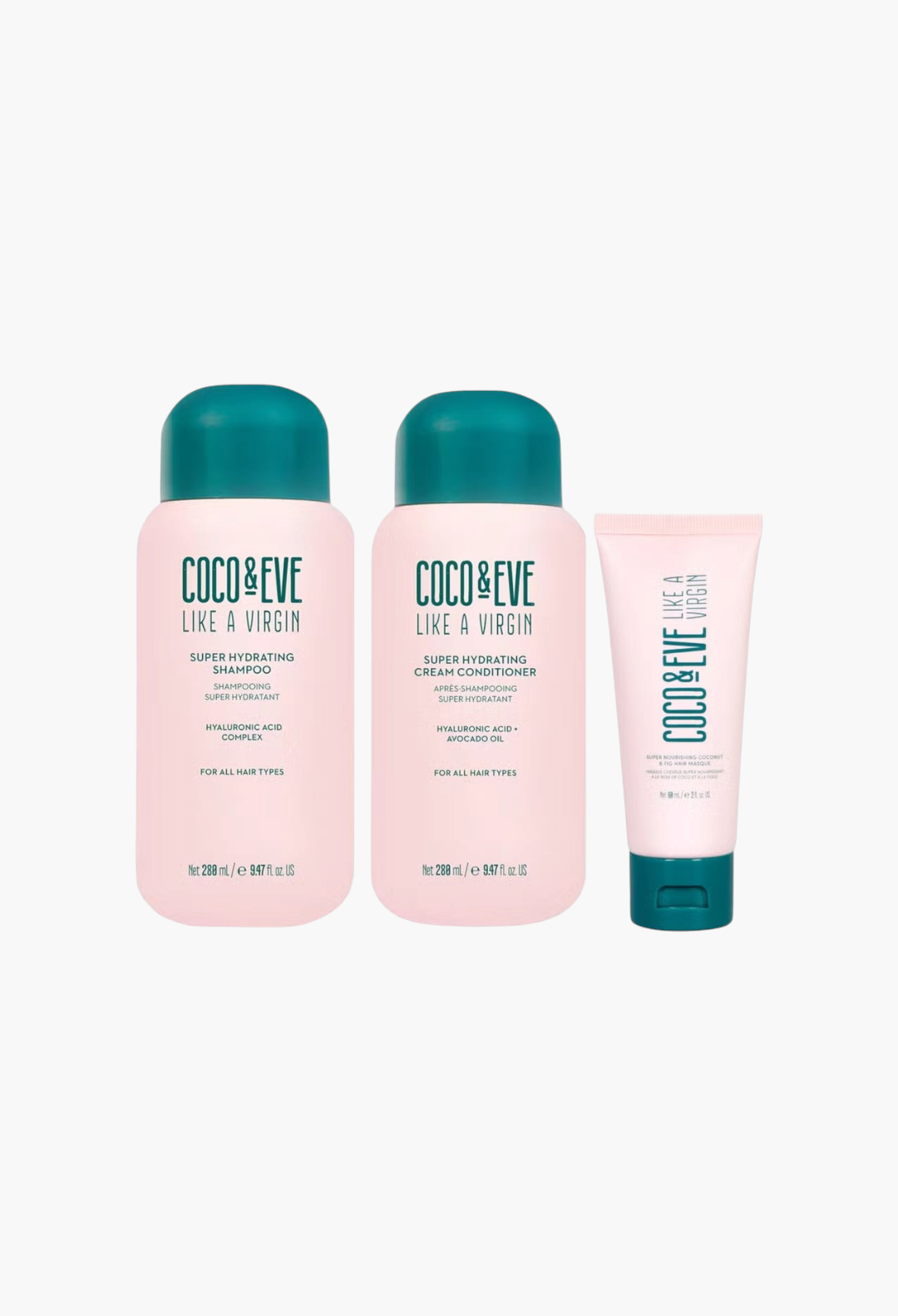 GLAM MODA Coco & Eve Like a Virgin hair care set with hydrating shampoo, cream conditioner, and travel hair mask.