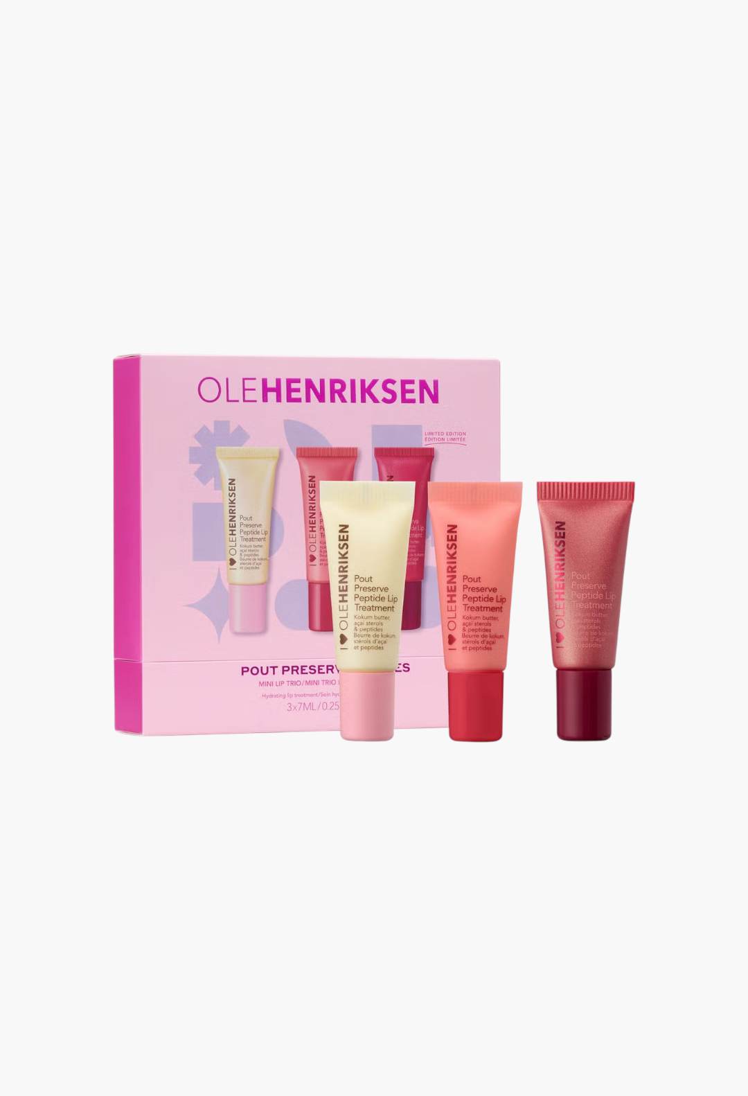 GLAM MODA Ole Henriksen Pout Petites Mini Lip Trio set featuring three hydrating peptide lip treatment tubes.