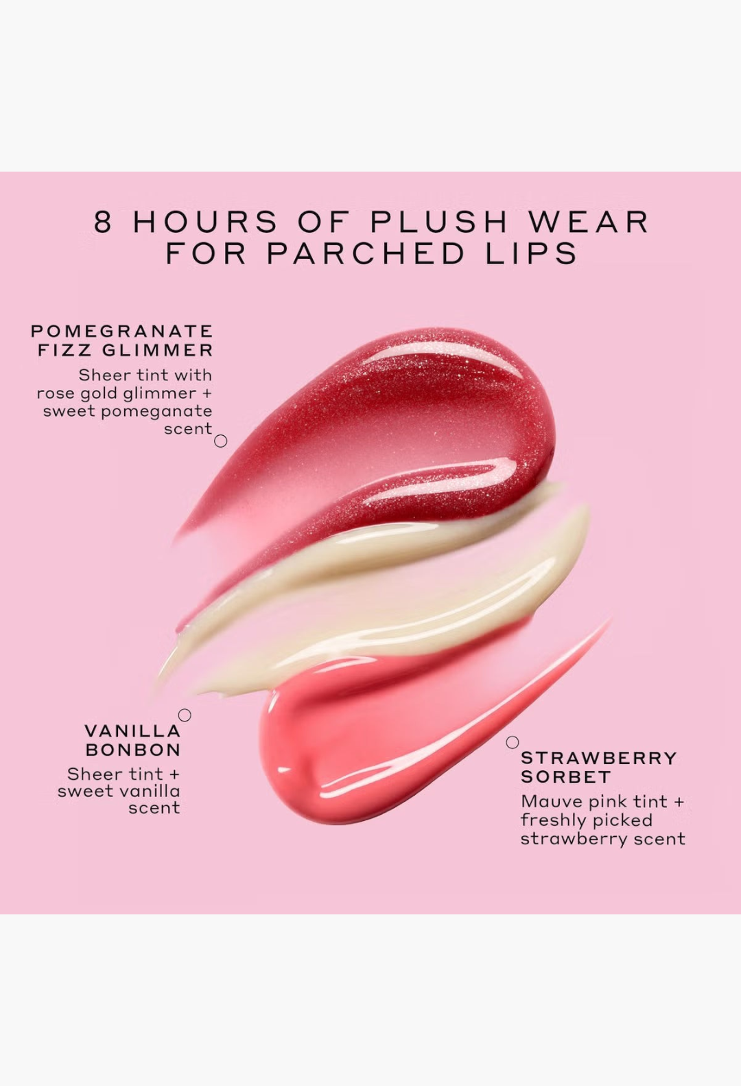 GLAM MODA Ole Henriksen Pout Petites lip treatment swatches in Pomegranate Fizz, Vanilla Bonbon, and Strawberry Sorbet.