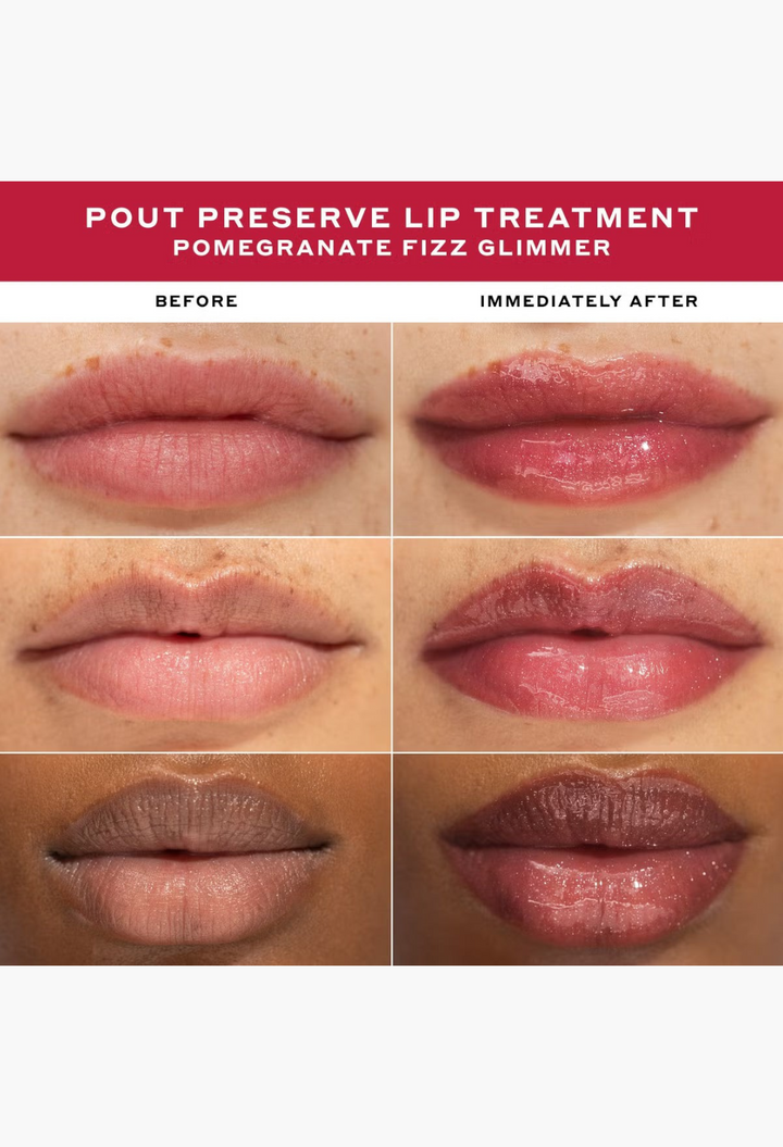 GLAM MODA before and after results of Pomegranate Fizz Glimmer Pout Preserve lip treatment showing glossy rose gold lips.