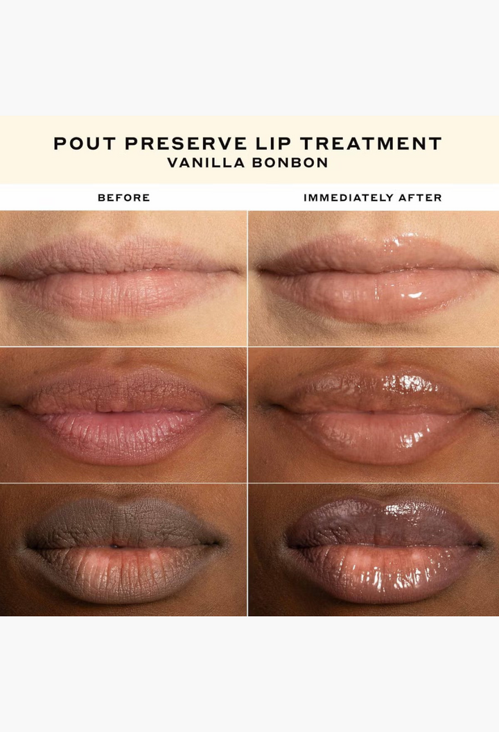 GLAM MODA Ole Henriksen Pout Preserve Vanilla Bonbon lip treatment showing application steps on lips for a glossy finish.