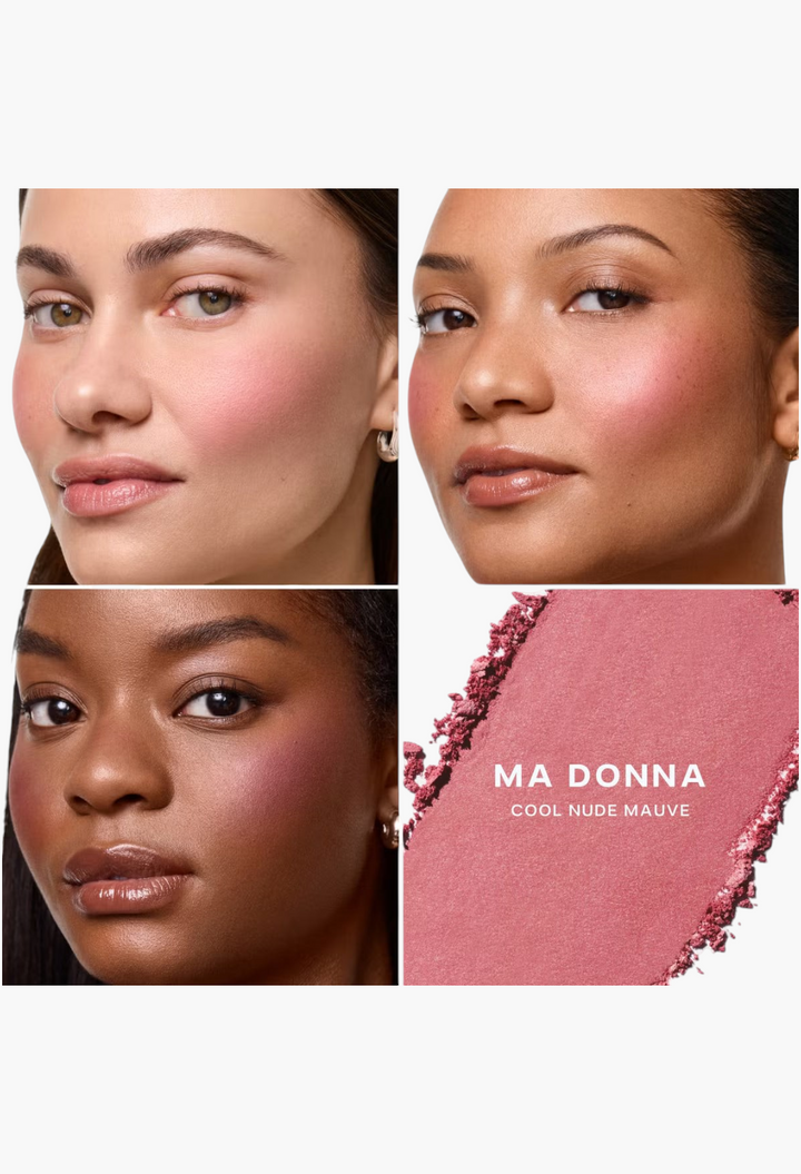 GLAM MODA Saie SuperSuede Radiant Blush in Ma Donna cool nude mauve shade shown on three diverse skin tones