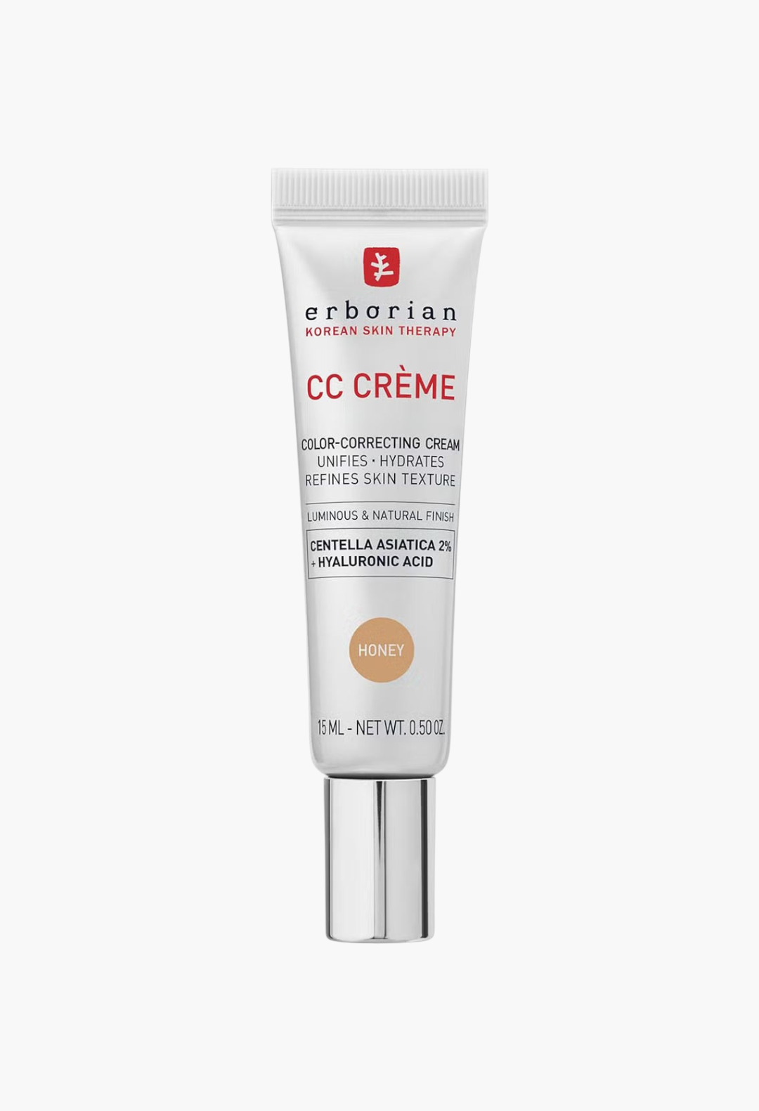 GLAM MODA Erborian CC Cream travel size in Porcelain shade, a hydrating color-correcting face cream in a tube.