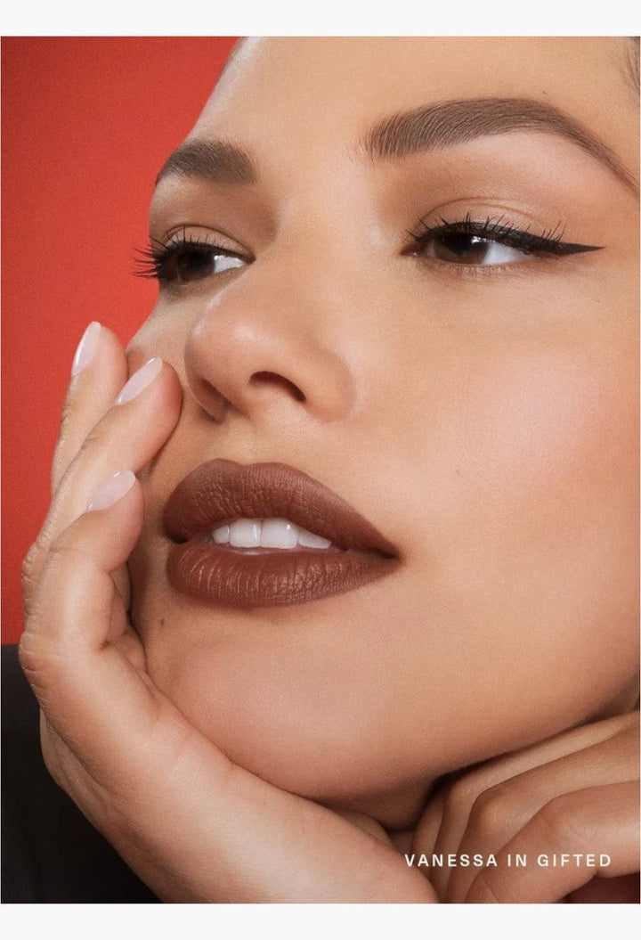 GLAM MODA Kind Words Matte Lip Liner in Gifted shade on a model with a soft matte finish and defined lip contour