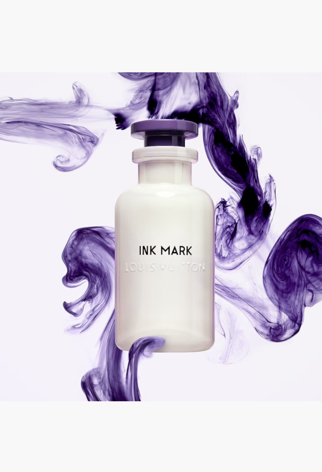 GLAM MODA Louis Vuitton Ink Mark perfume bottle in opalescent glass with swirling purple ink clouds on a white background