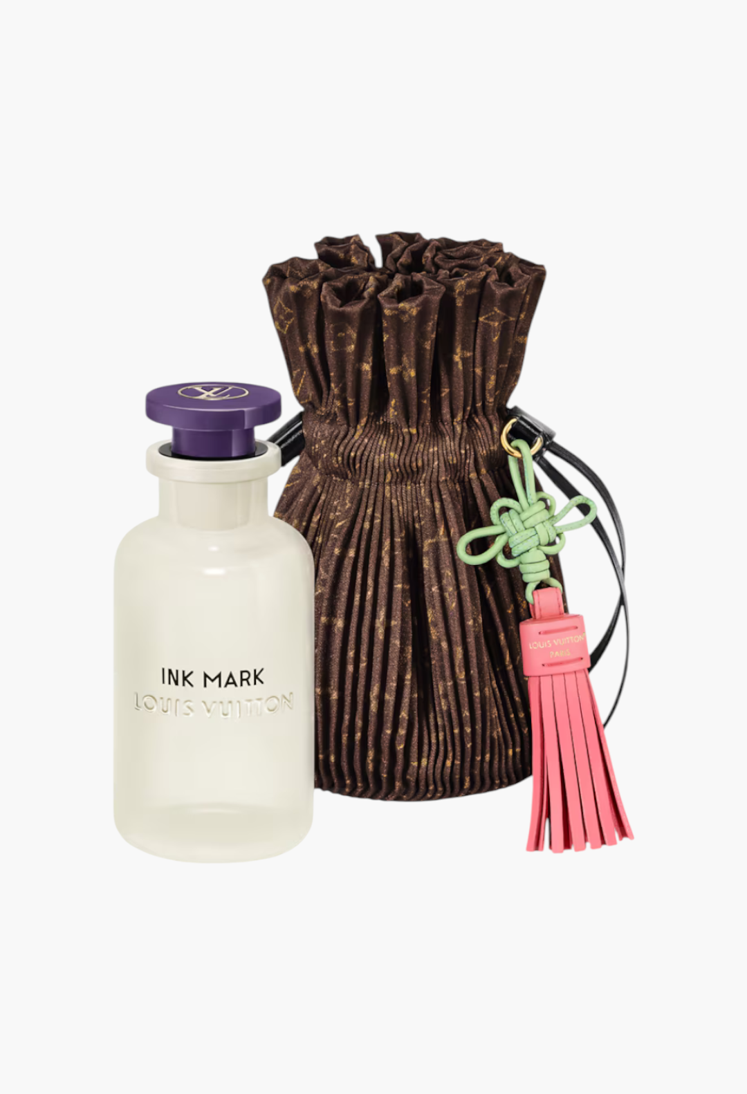 GLAM MODA Louis Vuitton Ink Mark perfume bottle with opalescent glass and purple cap next to a brown pleated pouch