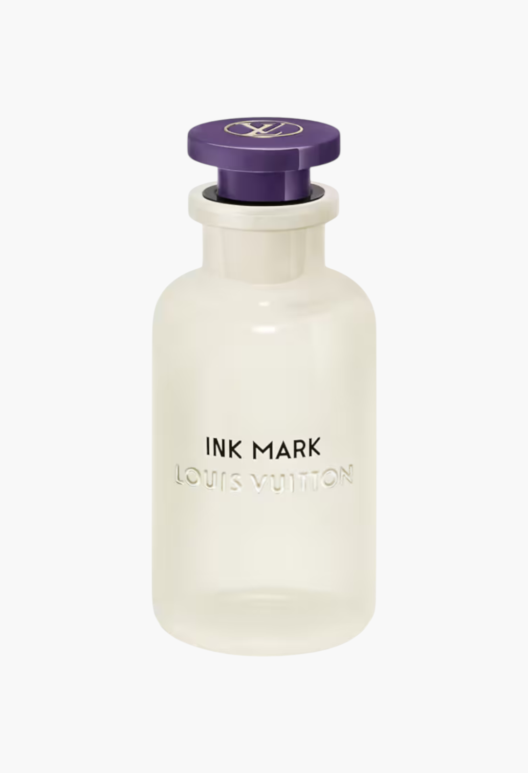 GLAM MODA Louis Vuitton Ink Mark perfume in an opalescent glass bottle with a deep purple lacquered cap.
