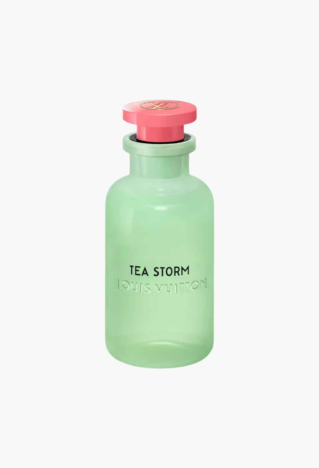 GLAM MODA Louis Vuitton Tea Storm perfume in an opalescent green glass bottle with a vibrant pink lacquered cap.