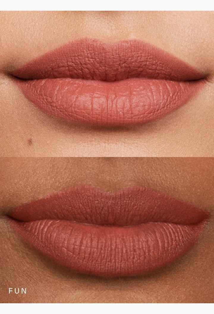 GLAM MODA Kind Words matte lip liner in Fun shade, a neutral mauve, shown applied on lips for a soft matte finish.