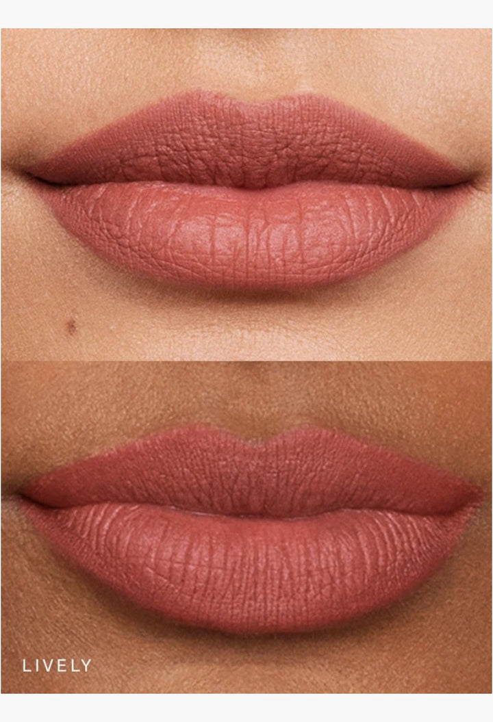 GLAM MODA Kind Words Matte Lip Liner in Lively rose pink shade applied to lips for a soft matte finish