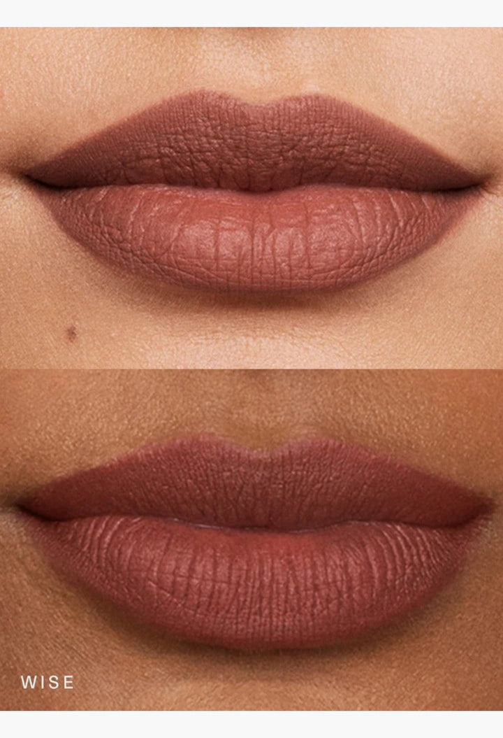 GLAM MODA Kind Words matte lip liner in Wise shade, a warm brown nude, applied on lips for a smooth defined finish.