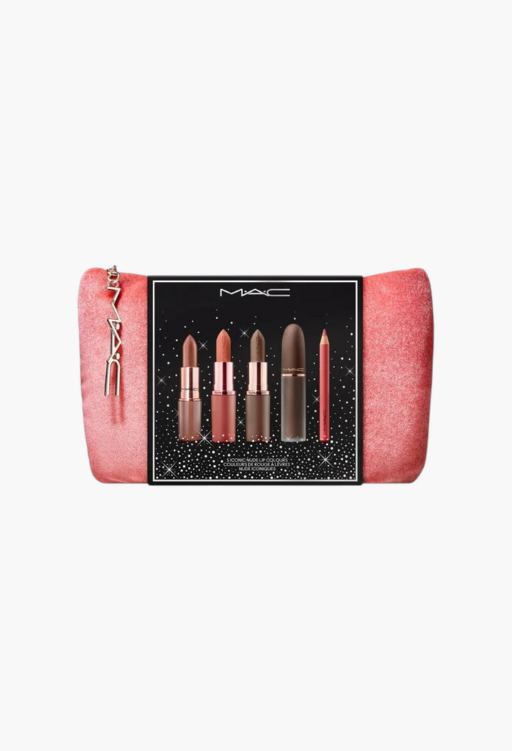 GLAM MODA MAC Celebrity Nudes Lip Vault featuring five nude lip products in a pink velvet holiday makeup bag