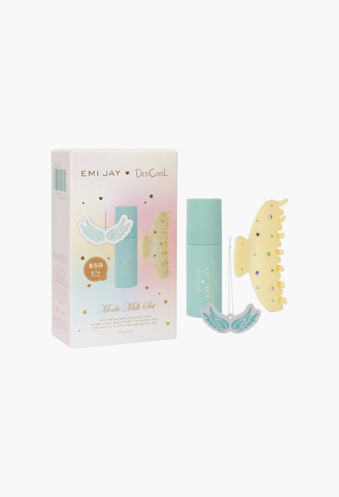 GLAM MODA DedCool x Emi Jay Mochi Milk gift set with hair mist, yellow rhinestone hair clip, and angel air freshener