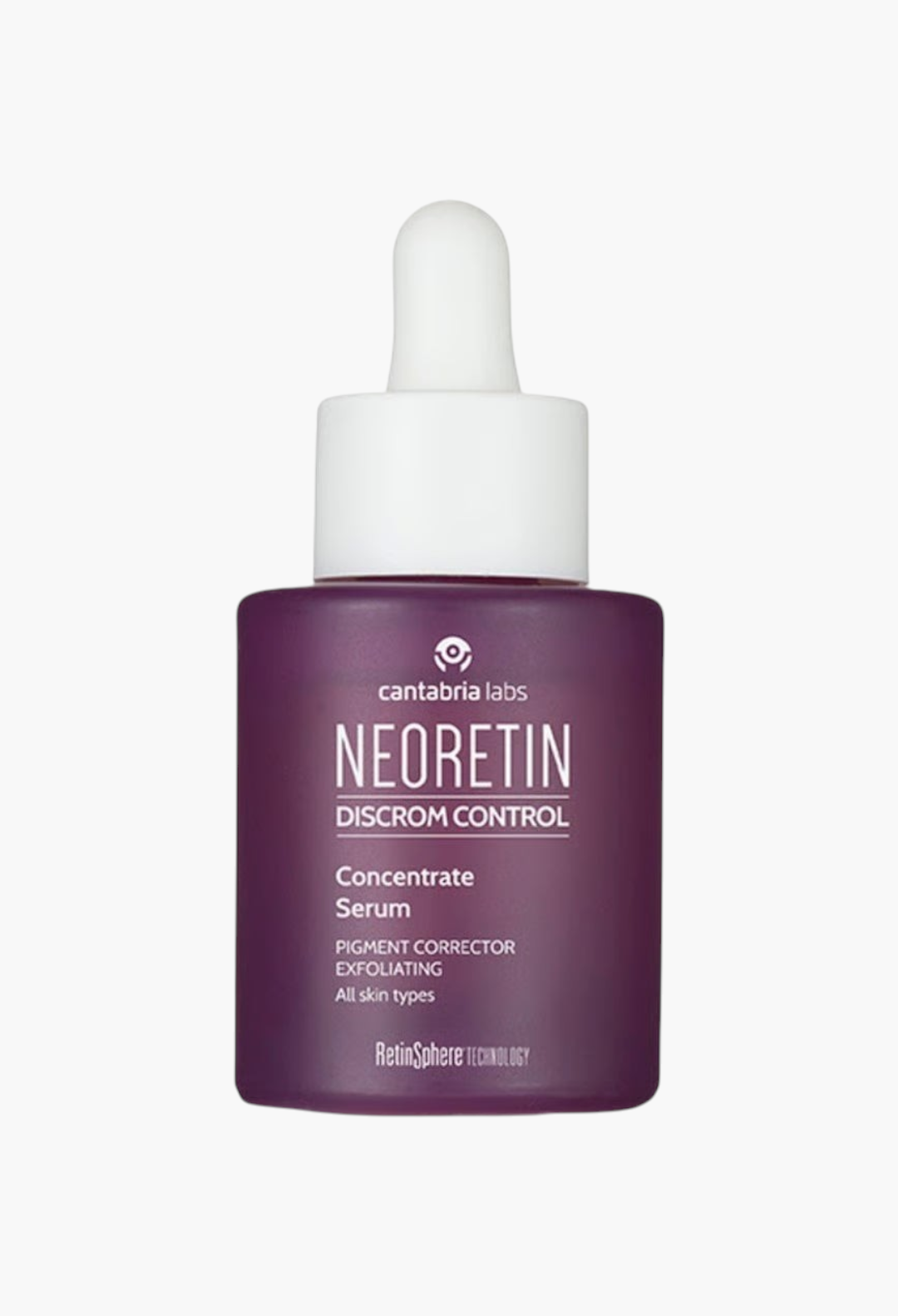 GLAM MODA Neoretin Discrom Control Concentrate Serum in a purple bottle with a white dropper cap for dark spots.