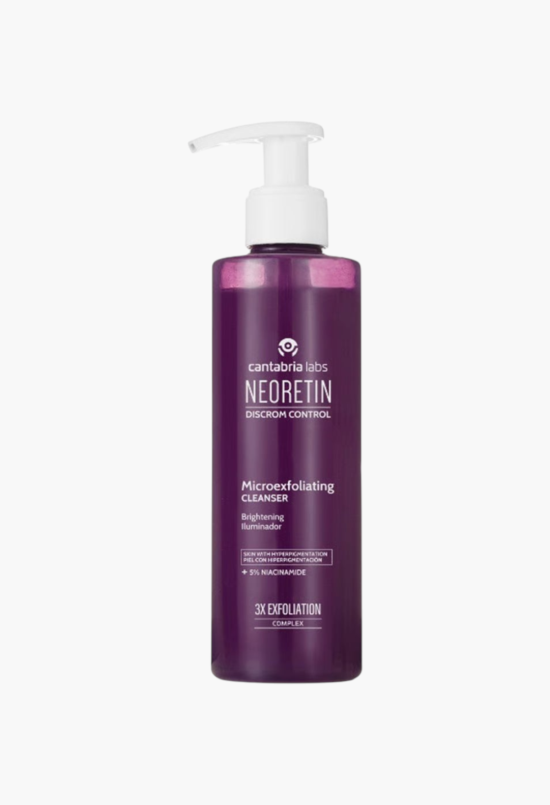 GLAM MODA Neoretin Discrom Control microexfoliating cleanser in a purple bottle with a white pump dispenser.