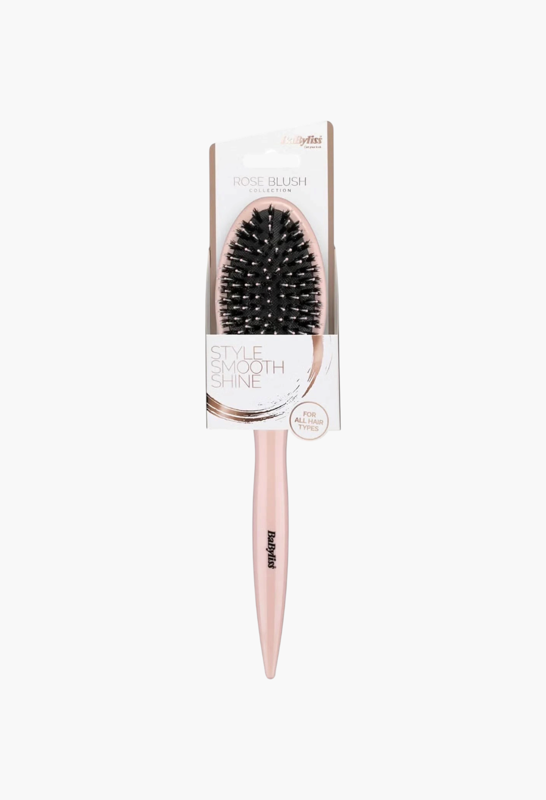 GLAM MODA BaByliss Rose Blush smoothing hair brush with black bristles and a rose gold handle in retail packaging