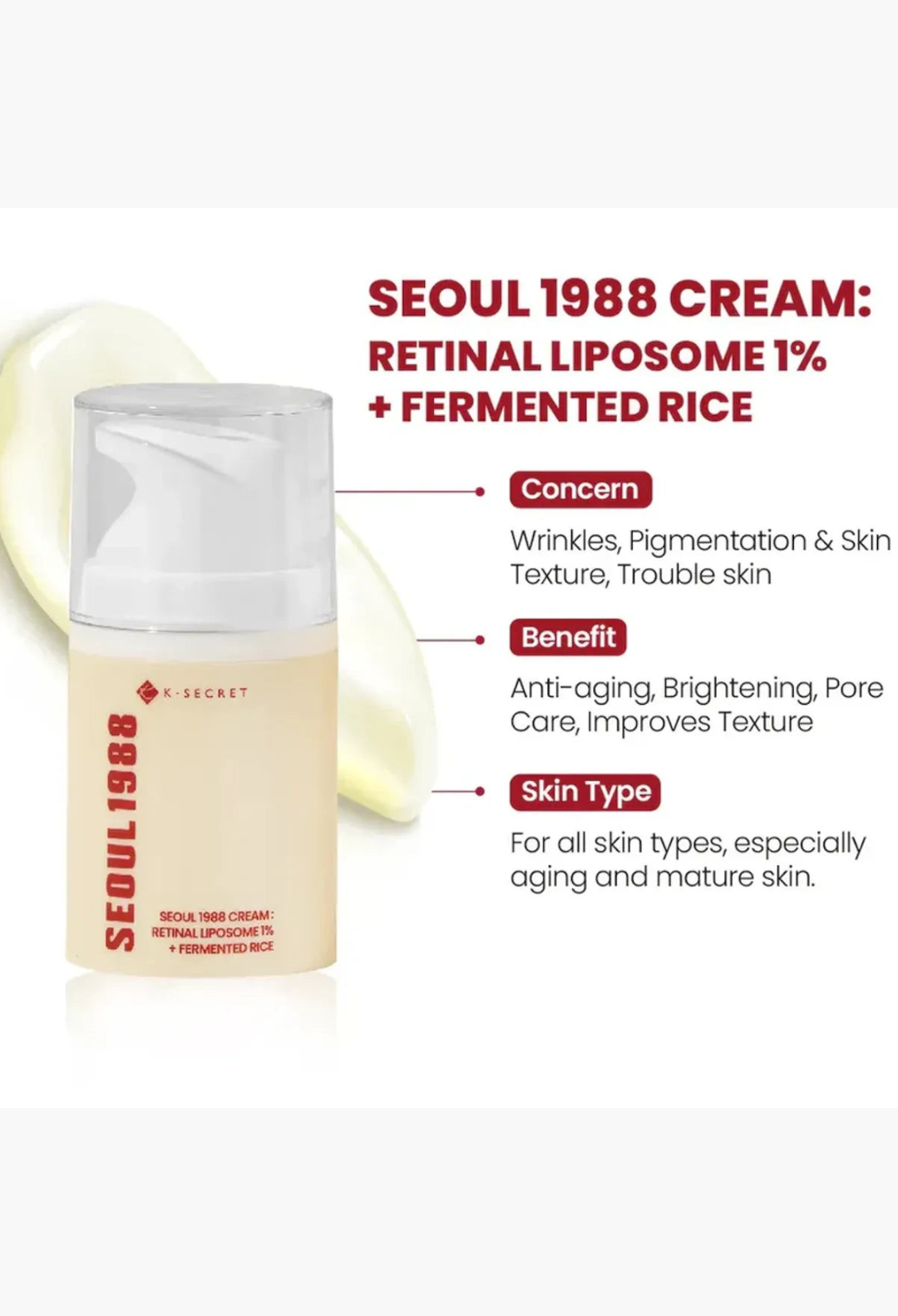 GLAM MODA K Secret Seoul 1988 anti-aging cream with retinol liposome and fermented rice in a pump bottle