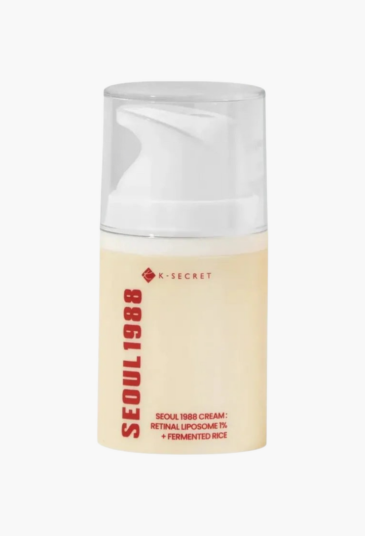 GLAM MODA K Secret Seoul 1988 anti-aging cream with 1% retinol liposome and fermented rice in a pump bottle.