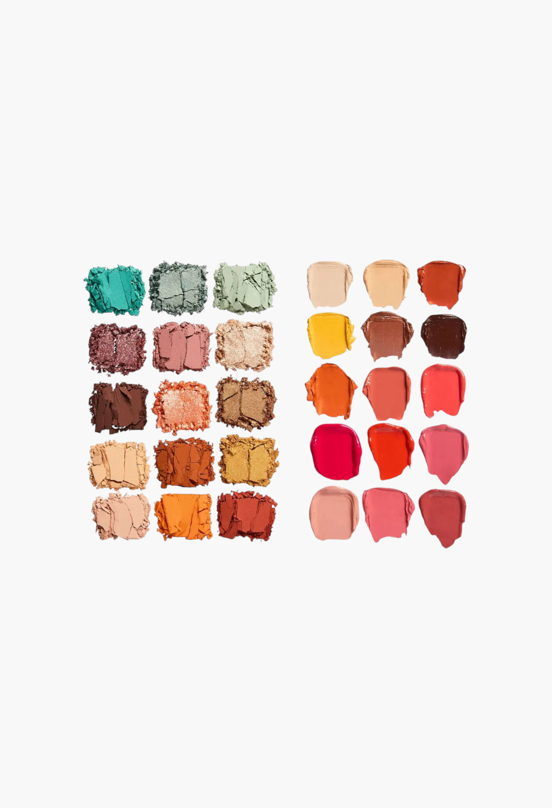 GLAM MODA Revolution Amalfi Glow palette featuring 30 vibrant matte, shimmer, and cream shades for face, eyes, and lips.