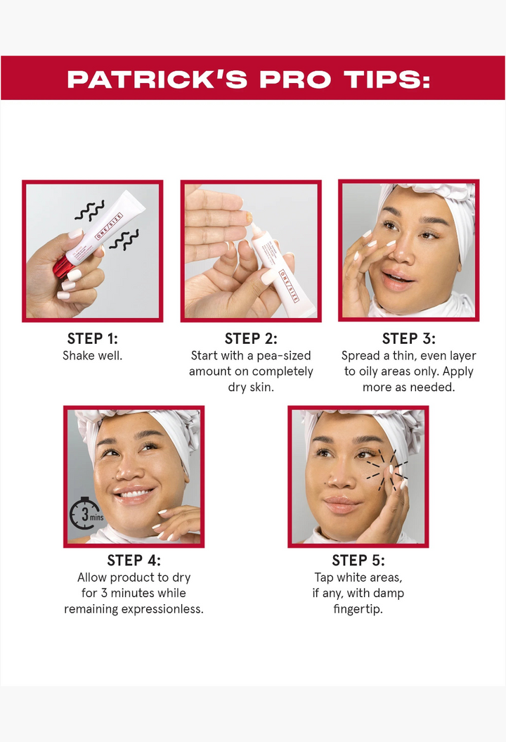 GLAM MODA Extreme Mattifying Alkaline Primer application steps showing a model applying the cream to oily skin areas.