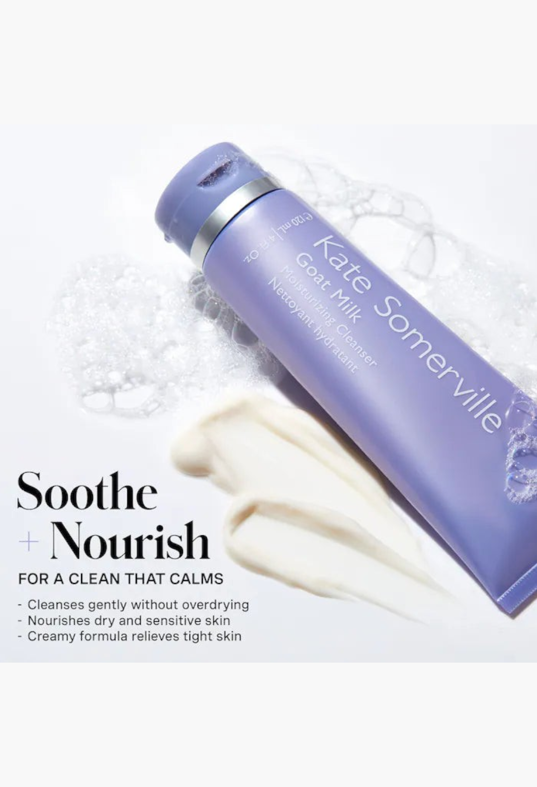 GLAM MODA Kate Somerville Goat Milk moisturizing cream cleanser in a purple tube with creamy texture and soap bubbles