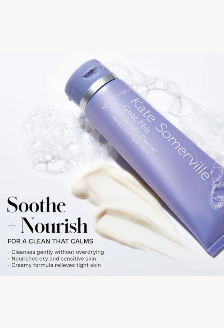 GLAM MODA Kate Somerville Goat Milk moisturizing cream cleanser in a purple tube with creamy texture and soap bubbles