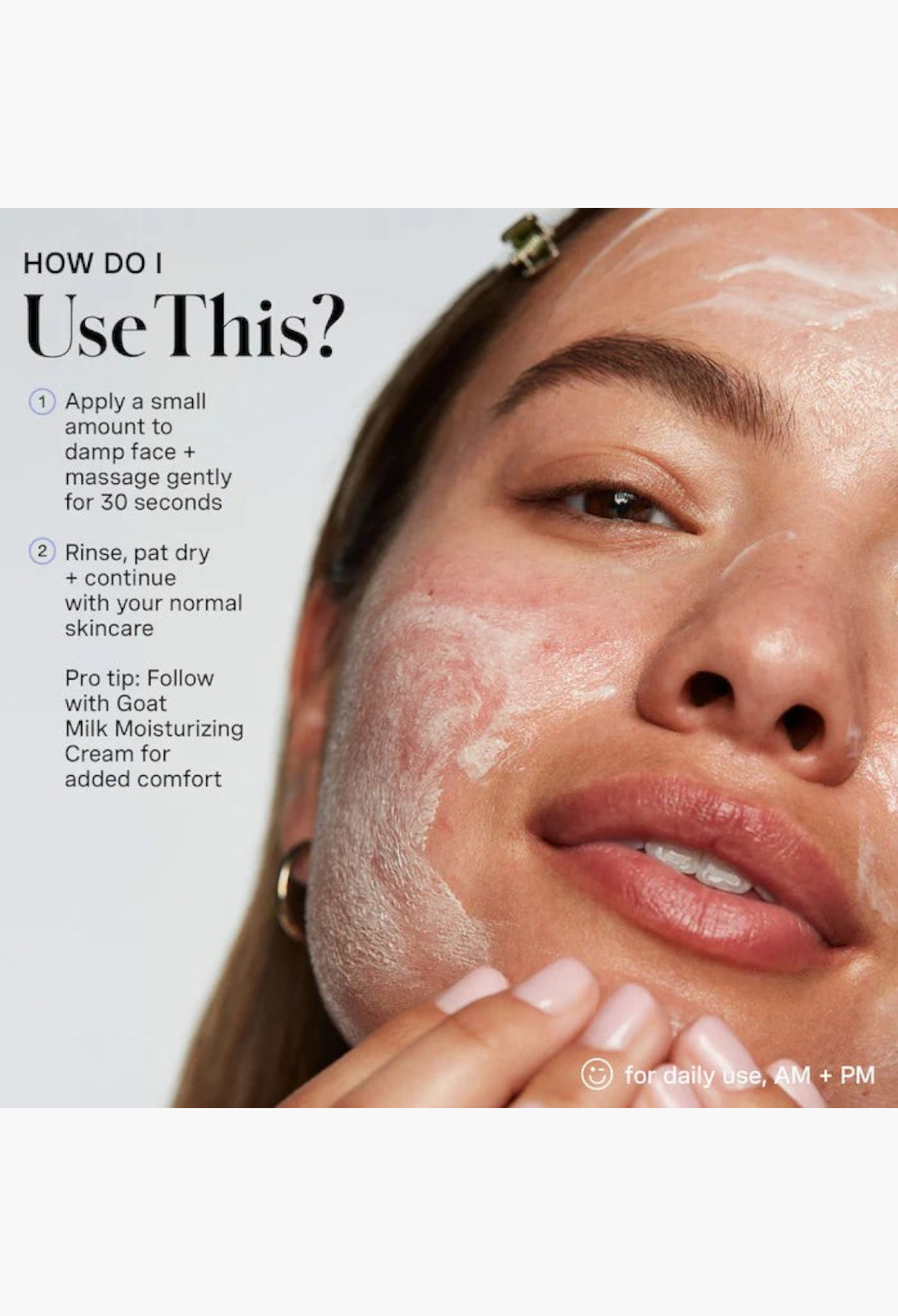 GLAM MODA goat milk moisturizing cream cleanser applied to a woman's face with instructions for daily use