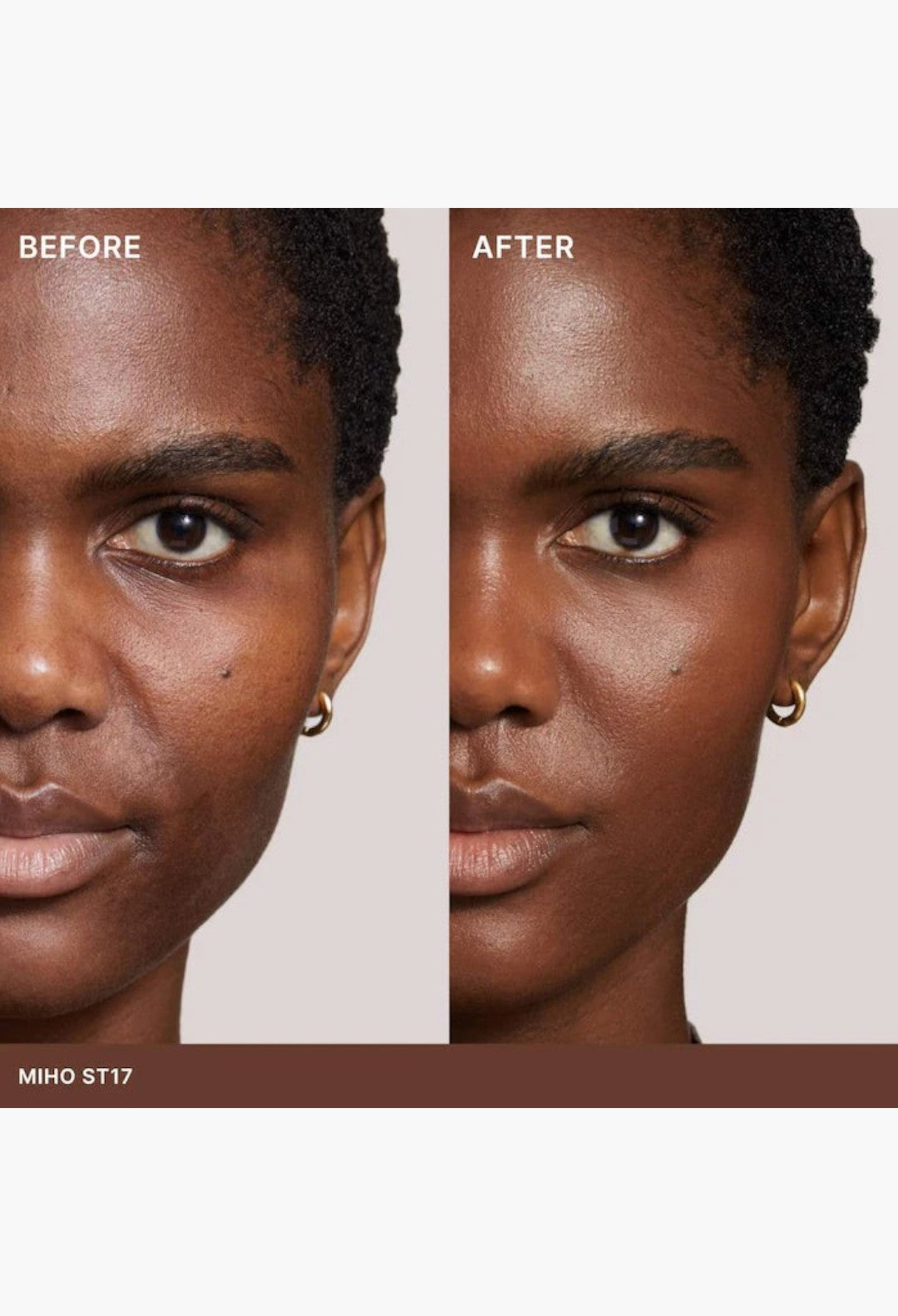 GLAM MODA Super Serum Skin Tint before and after application showing radiant coverage on dark skin tone