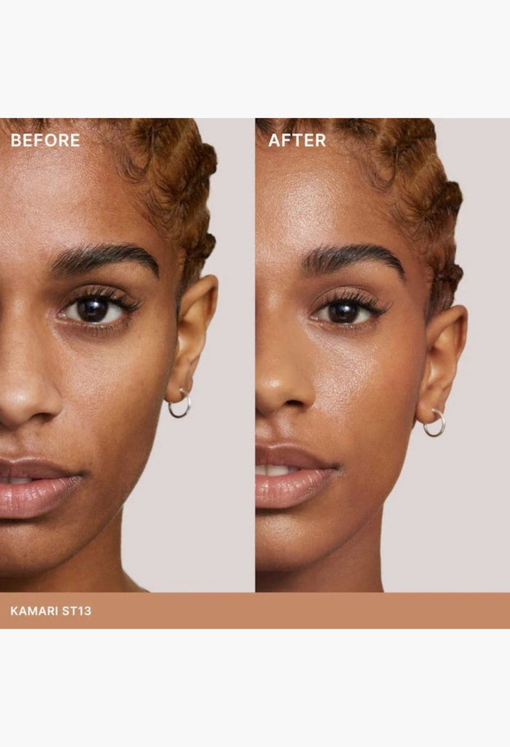 GLAM MODA Super Serum Skin Tint before and after comparison showing radiant, hydrated skin with light coverage.