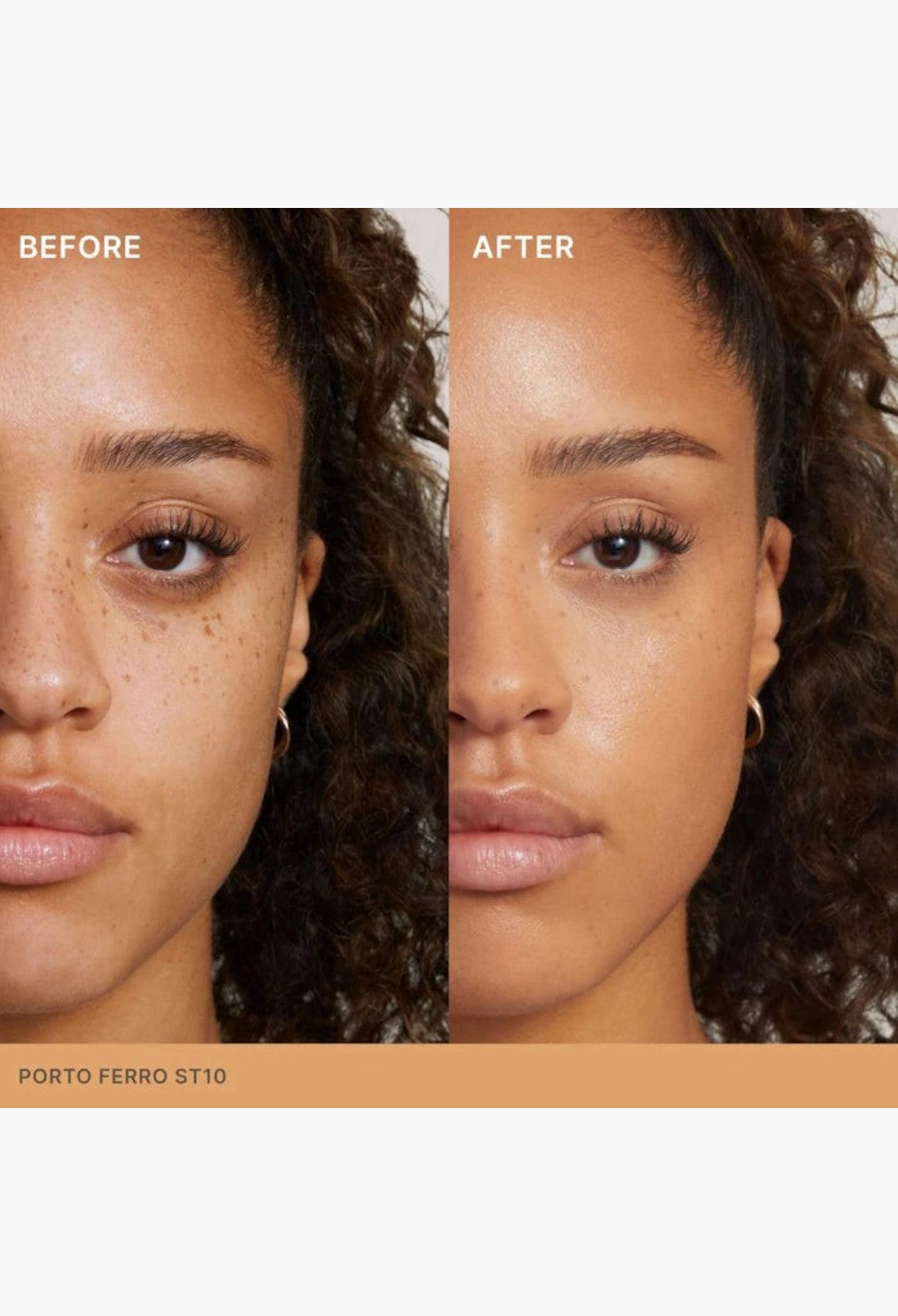GLAM MODA Super Serum Skin Tint before and after application showing radiant light coverage on a model