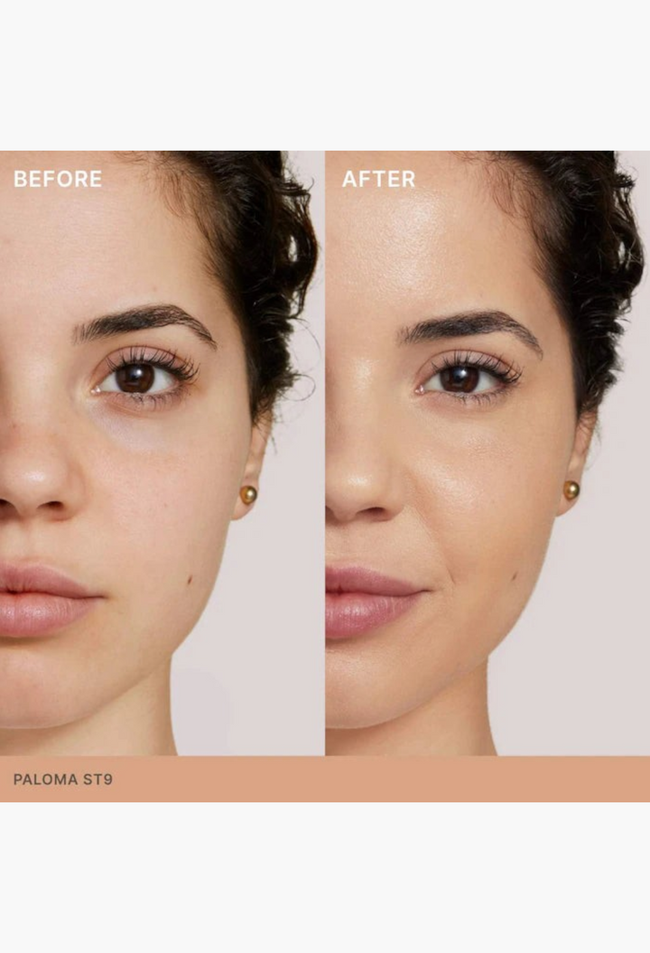 GLAM MODA Super Serum Skin Tint before and after application showing radiant finish and evened skin tone on a model