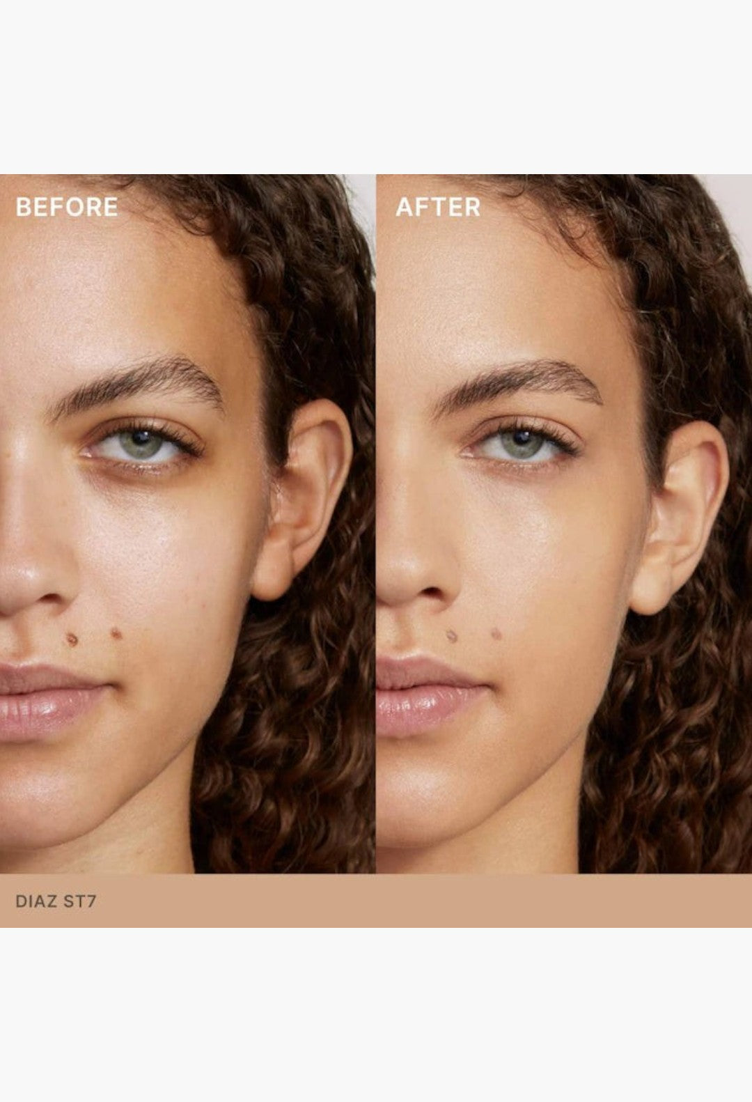 GLAM MODA Super Serum Skin Tint before and after application showing radiant light coverage on a model