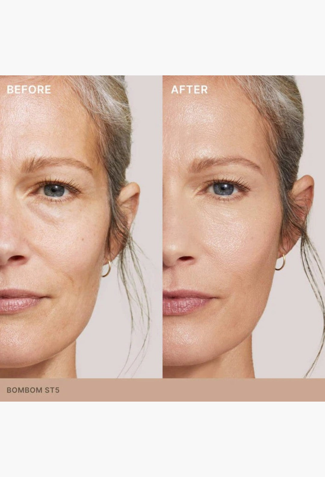 GLAM MODA Super Serum Skin Tint SPF 40 before and after comparison showing radiant skin and improved texture