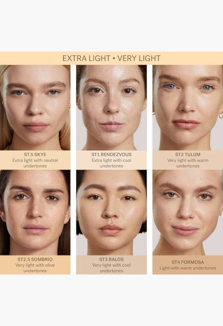 GLAM MODA Super Serum Skin Tint shade range showing six models with extra light to light skin tones and undertones.