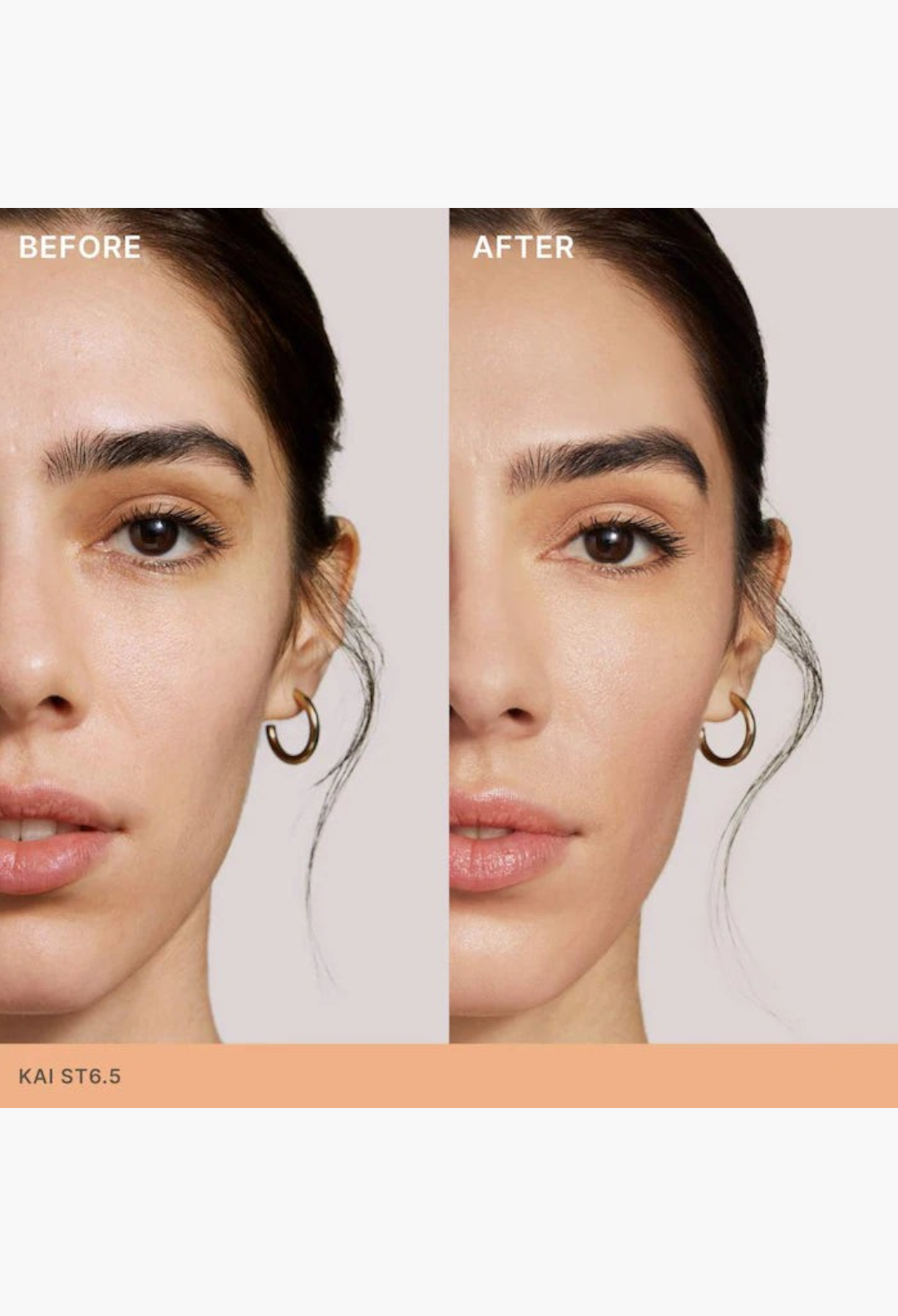 GLAM MODA Super Serum Skin Tint before and after application showing radiant coverage on a model's face
