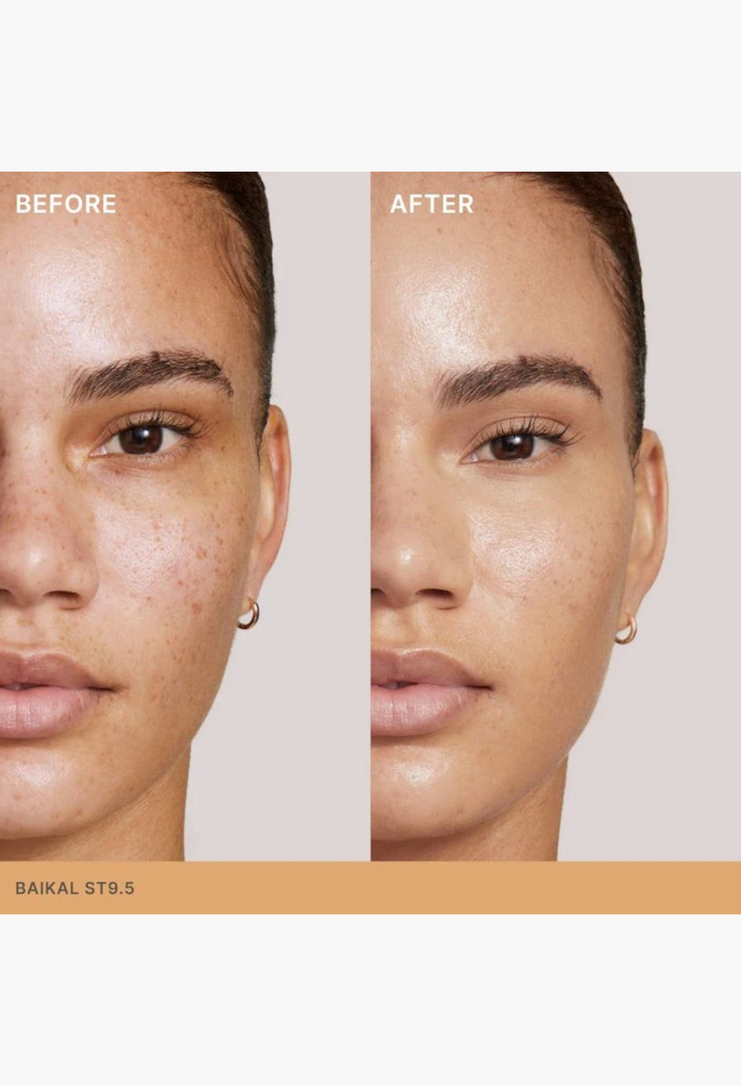 GLAM MODA Super Serum Skin Tint before and after comparison showing radiant light coverage on model skin