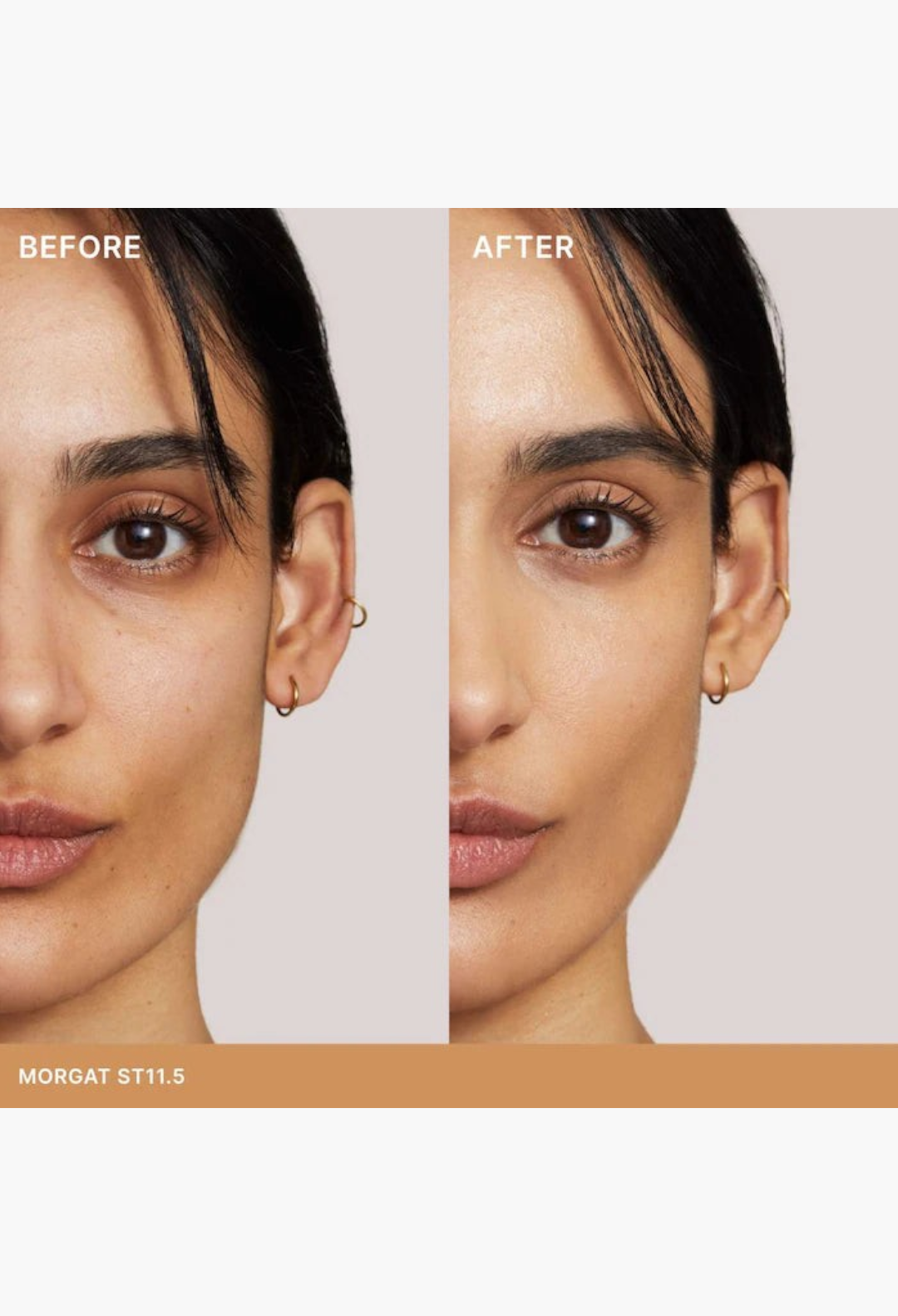GLAM MODA Super Serum Skin Tint SPF 40 before and after comparison showing radiant coverage on a model's face