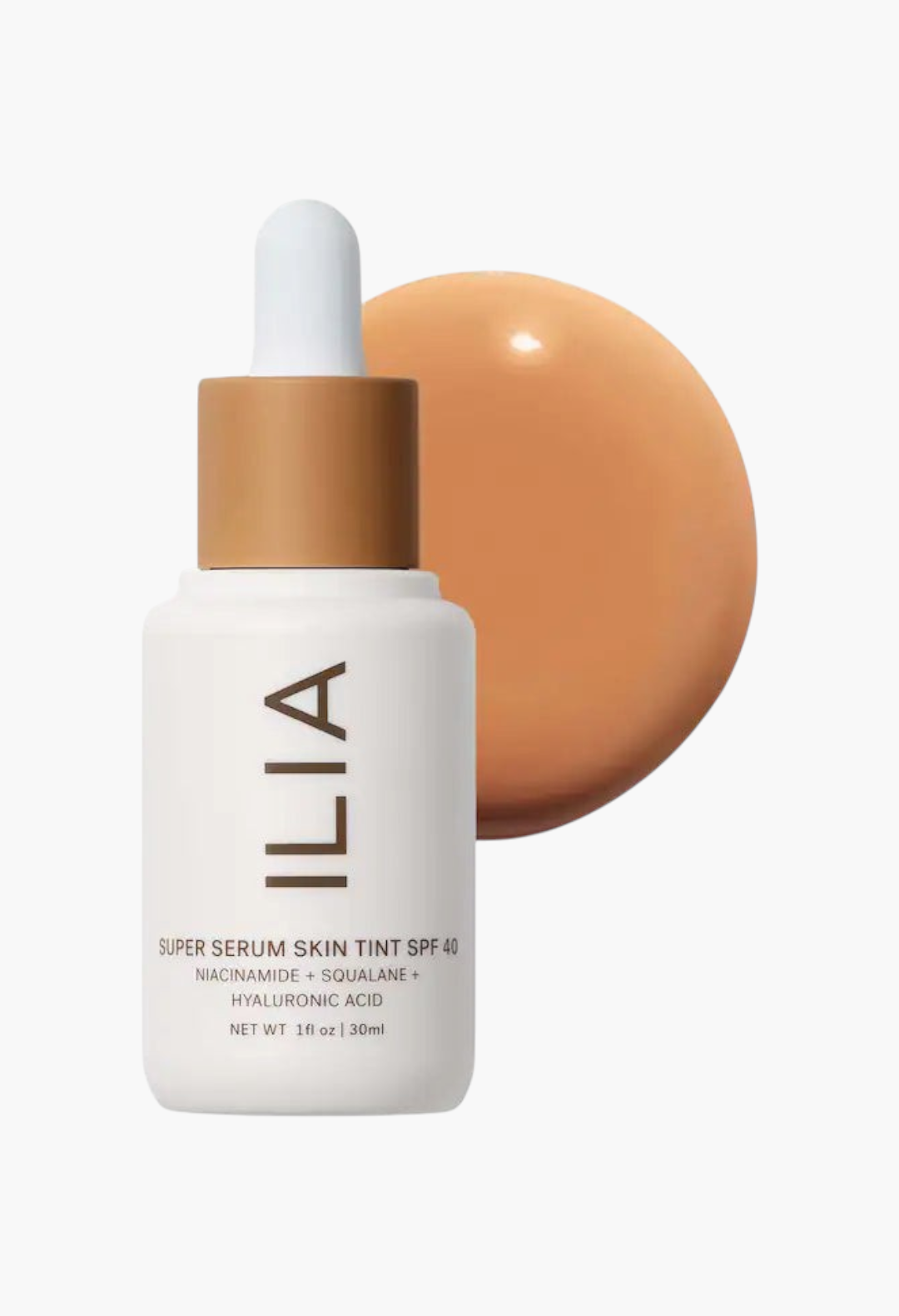 GLAM MODA ILIA Super Serum Skin Tint SPF 40 bottle with dropper and a swatch of liquid foundation on a white background